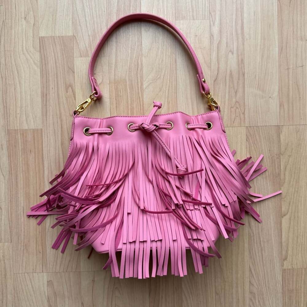 Melie Bianco Pink Vegan Leather Fringe Bucket Bag Western Cowgirl Purse